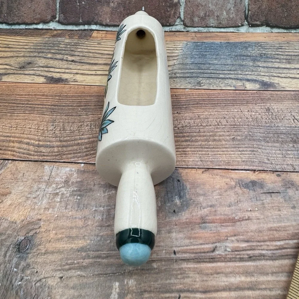 Vintage Ceramic Rolling Pin Planter Herbs Succulents Handpainted Floral Blue‎